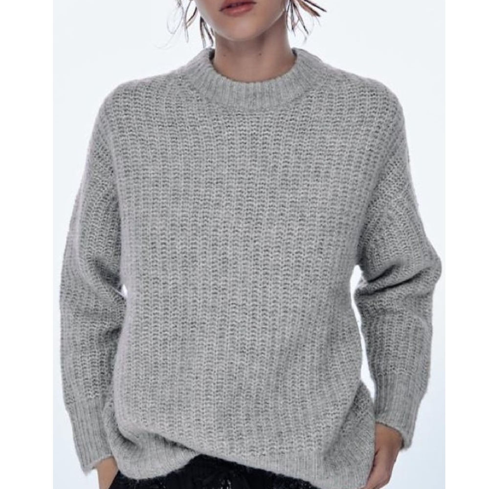 Zara Alpaca Wool Blend Chunky Knit Mockneck Sweater Light Gray Size S
